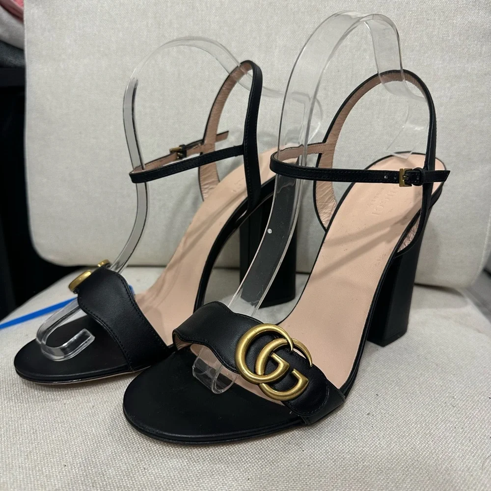 Gucci Marmont GG Black Leather Heeled Sandal size 40 Authentic Classic - Picture 2 of 9